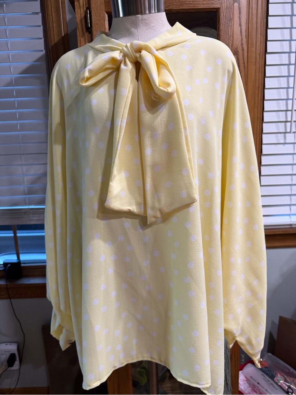 Yellow Polka Dot Dolman Sleeve Tie-Neck Blouse